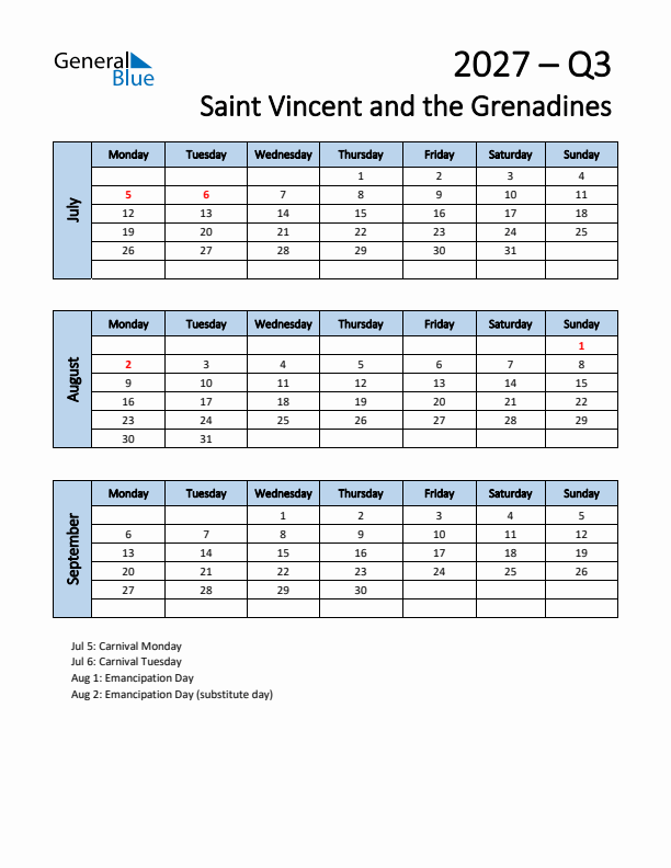 Free Q3 2027 Calendar for Saint Vincent and the Grenadines - Monday Start