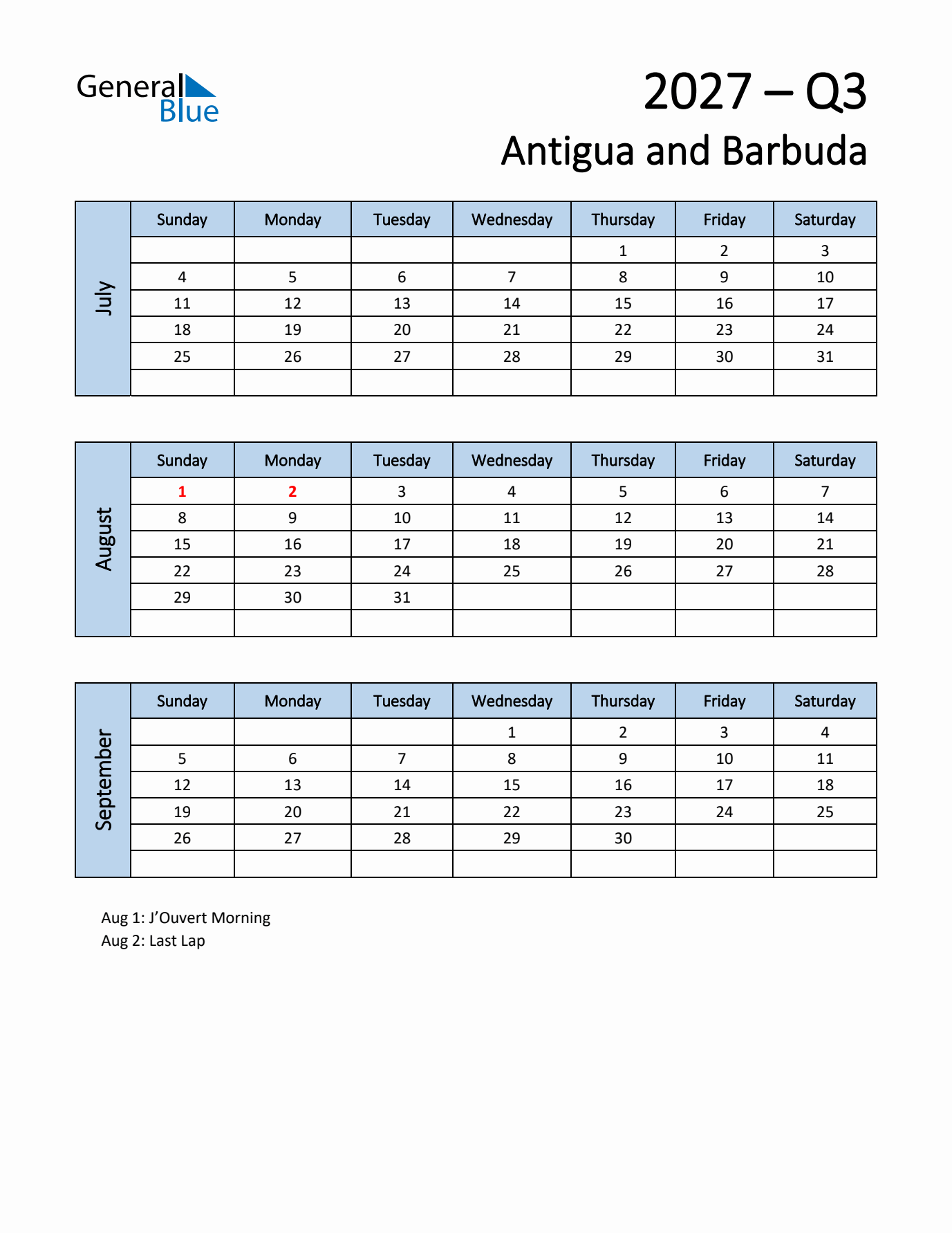 Free Q3 2027 Calendar for Antigua and Barbuda - Sunday Start