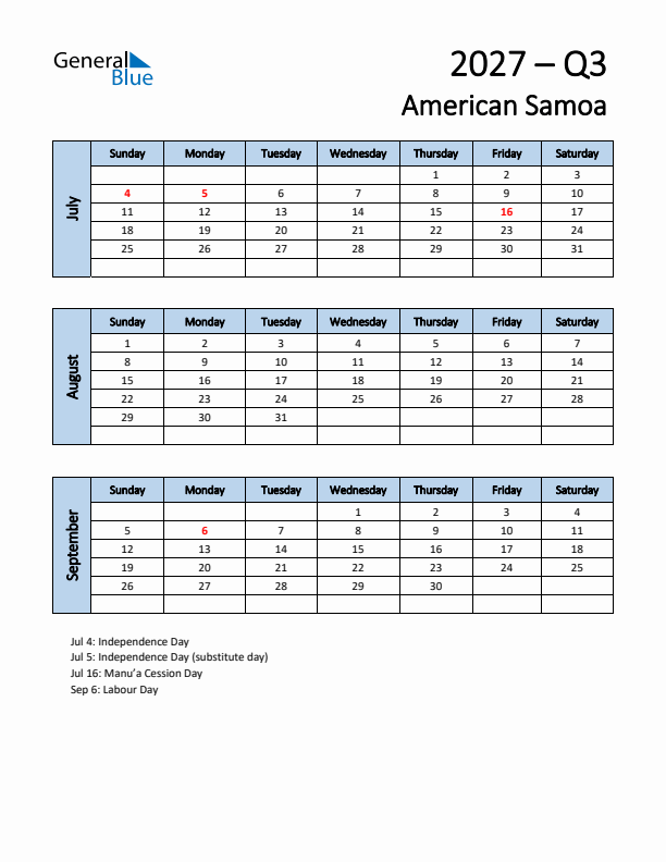 Free Q3 2027 Calendar for American Samoa - Sunday Start