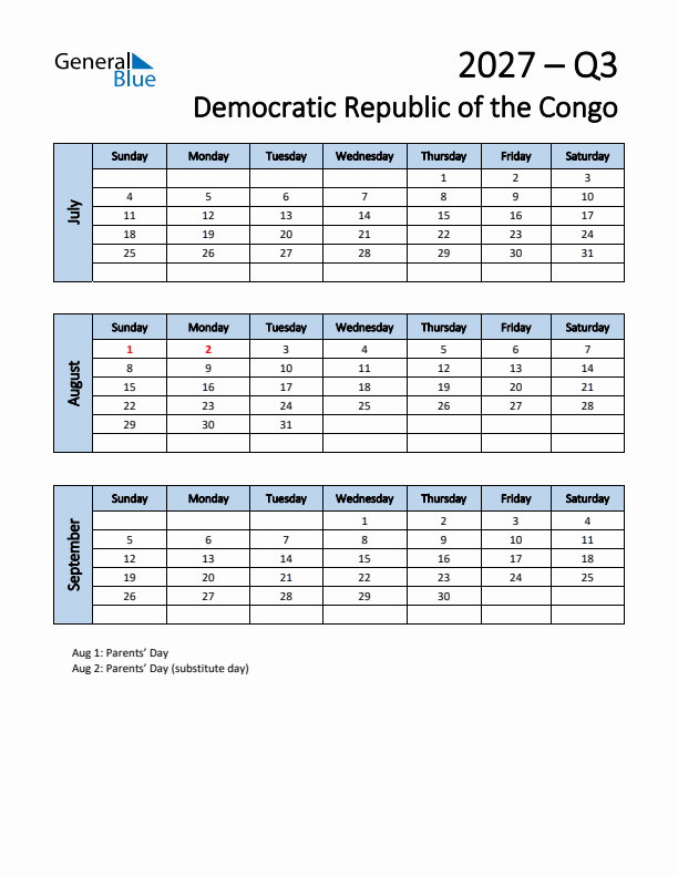 Free Q3 2027 Calendar for Democratic Republic of the Congo - Sunday Start