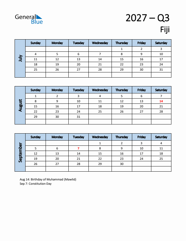Free Q3 2027 Calendar for Fiji - Sunday Start