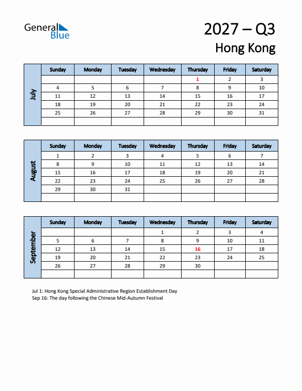 Free Q3 2027 Calendar for Hong Kong - Sunday Start
