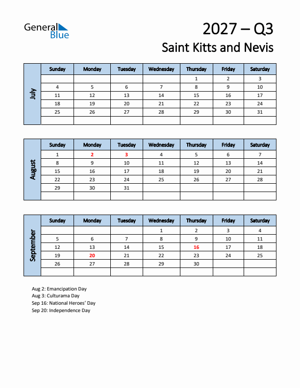 Free Q3 2027 Calendar for Saint Kitts and Nevis - Sunday Start