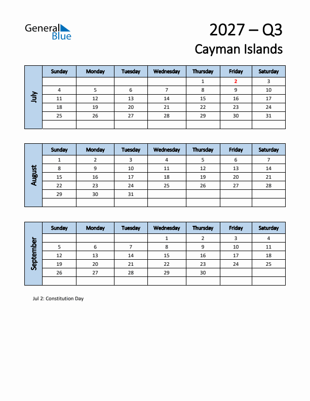 Free Q3 2027 Calendar for Cayman Islands - Sunday Start