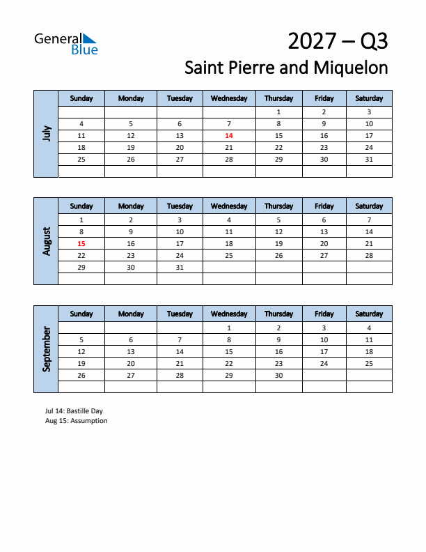 Free Q3 2027 Calendar for Saint Pierre and Miquelon - Sunday Start