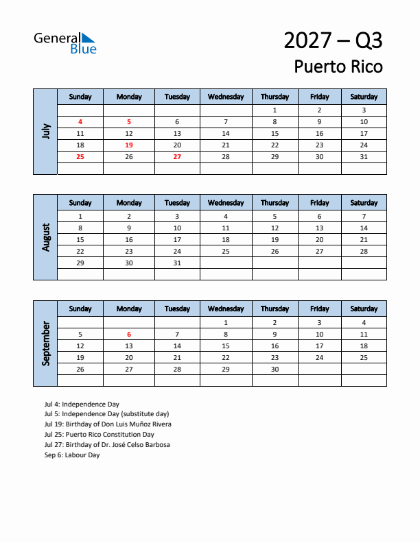 Free Q3 2027 Calendar for Puerto Rico - Sunday Start