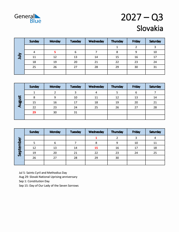 Free Q3 2027 Calendar for Slovakia - Sunday Start