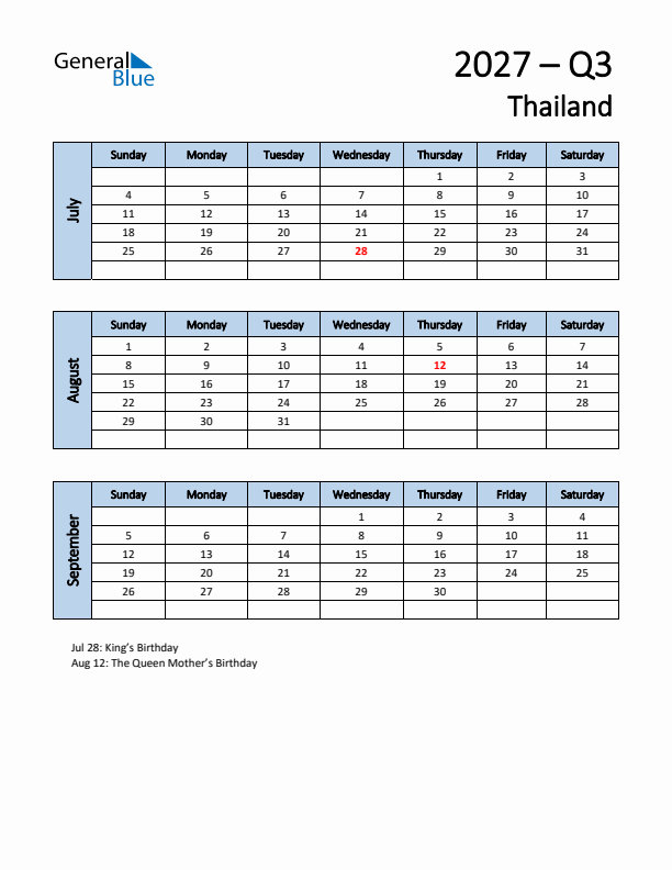 Free Q3 2027 Calendar for Thailand - Sunday Start