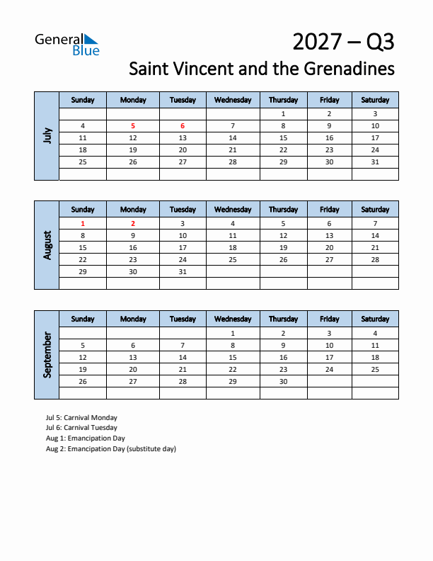 Free Q3 2027 Calendar for Saint Vincent and the Grenadines - Sunday Start