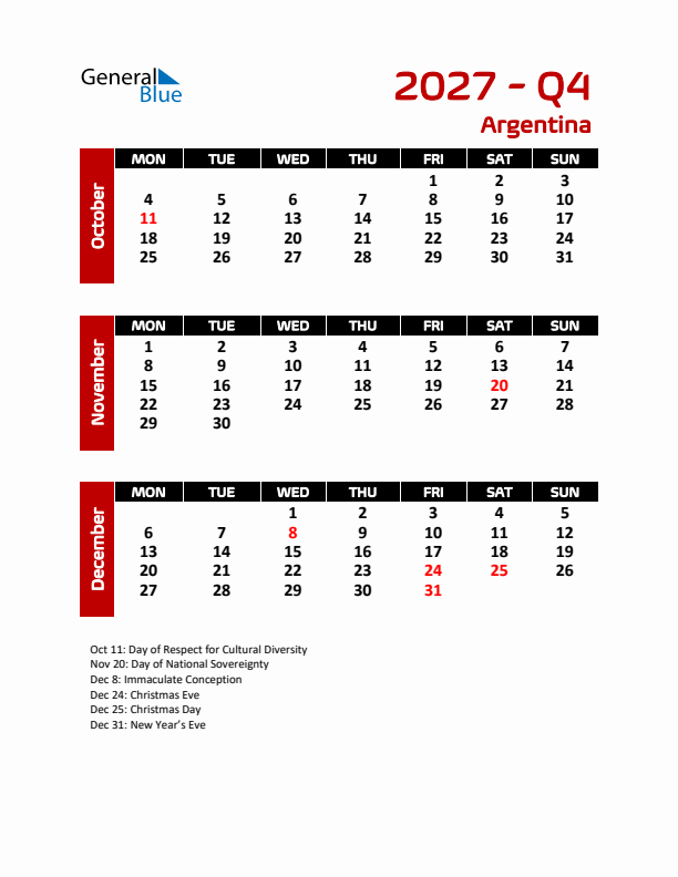 Q4 2027 Calendar with Holidays in Argentina