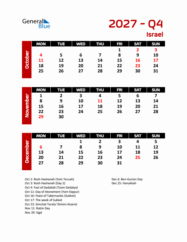 Q4 2027 Calendar with Holidays in Israel