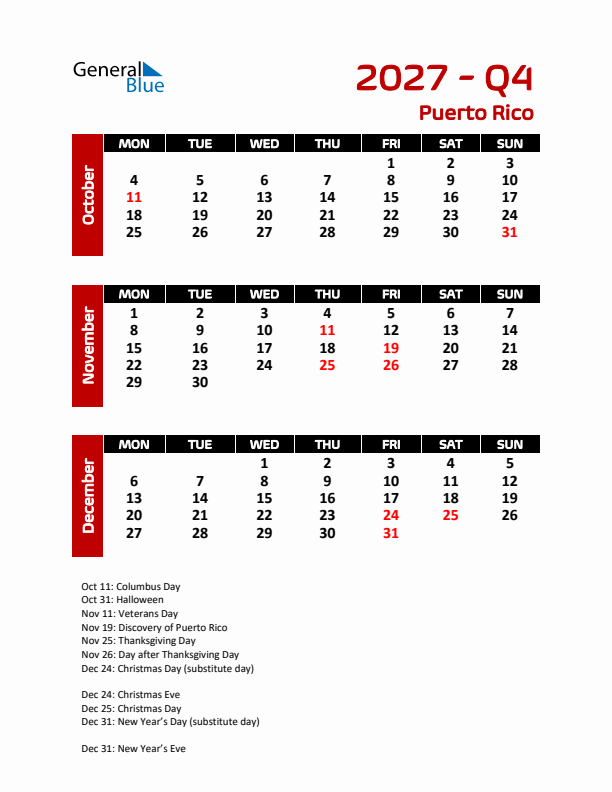 Q4 2027 Calendar with Holidays in Puerto Rico