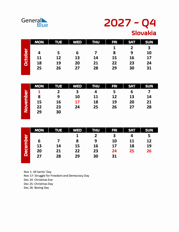 Q4 2027 Calendar with Holidays in Slovakia