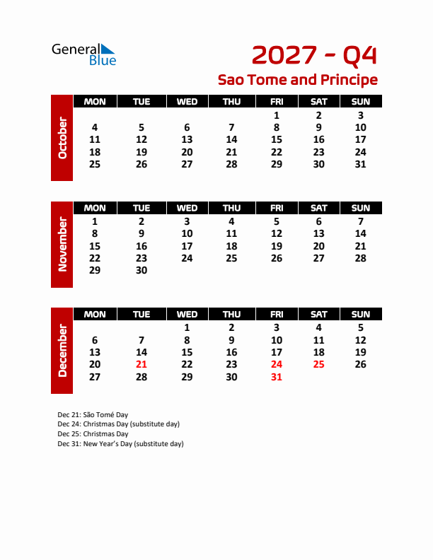 Q4 2027 Calendar with Holidays in Sao Tome and Principe