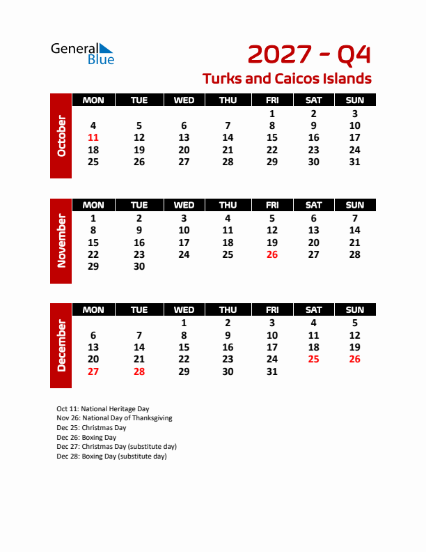 Q4 2027 Calendar with Holidays in Turks and Caicos Islands