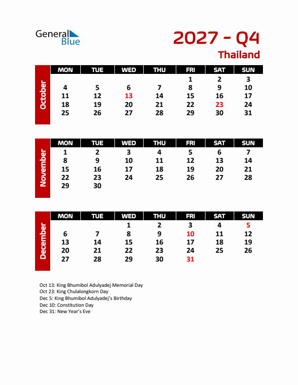 Q4 2027 Calendar with Holidays in Thailand