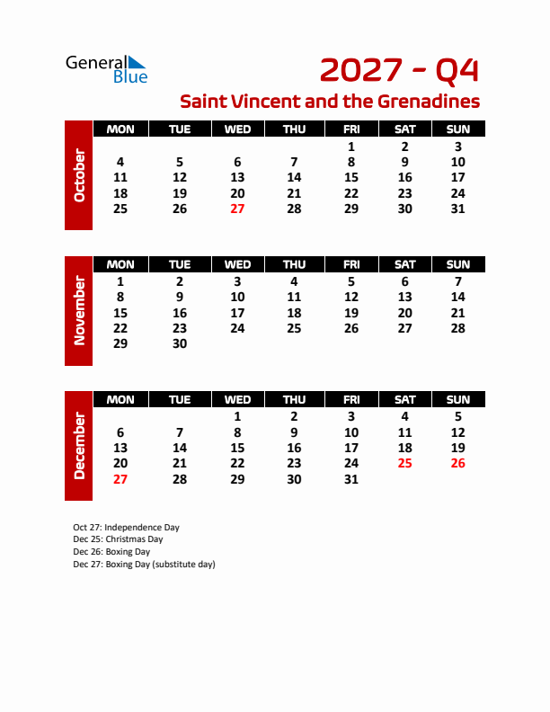 Q4 2027 Calendar with Holidays in Saint Vincent and the Grenadines