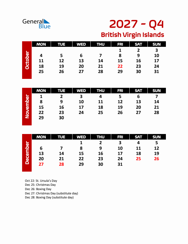 Q4 2027 Calendar with Holidays in British Virgin Islands