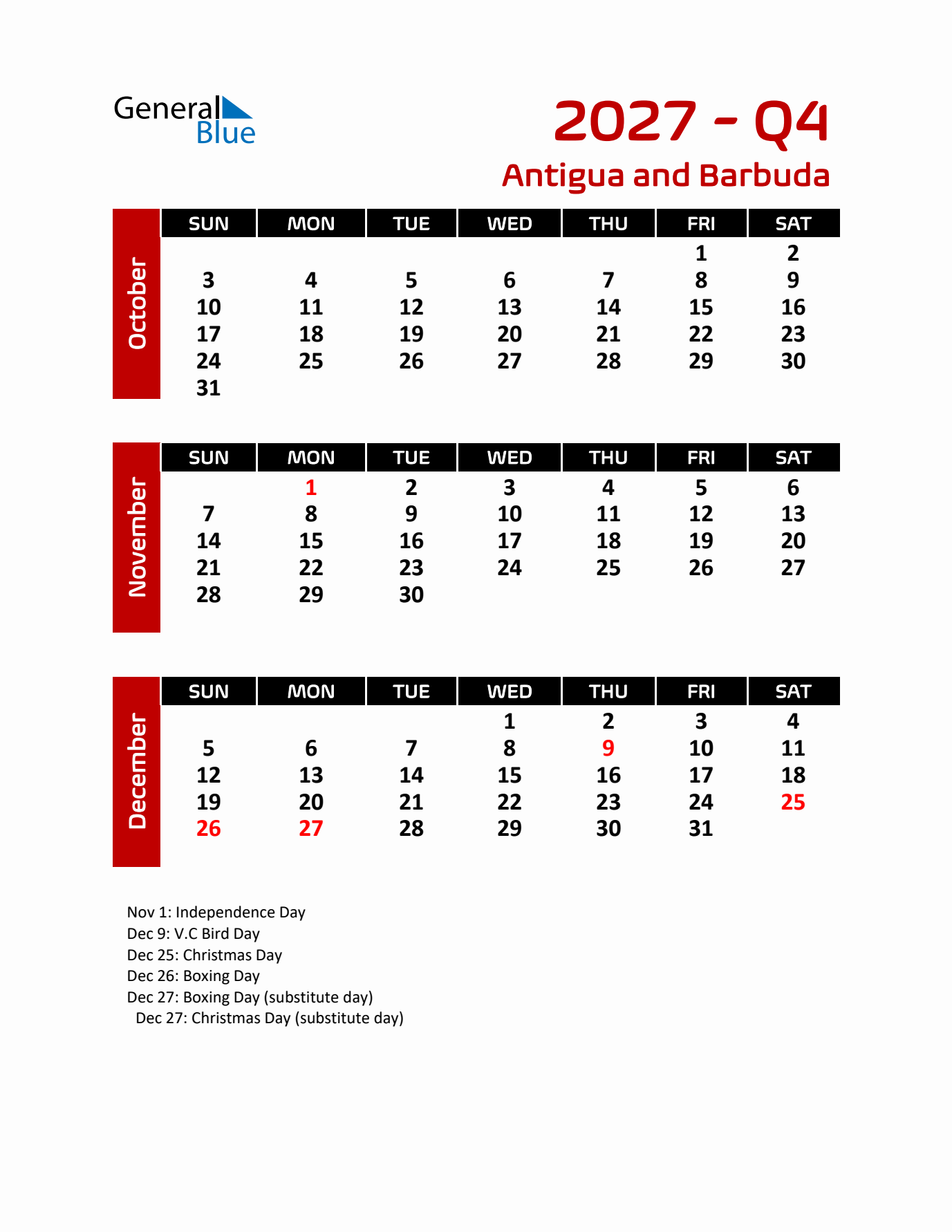 Q4 2027 Calendar with Holidays in Antigua and Barbuda