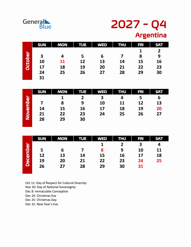Q4 2027 Calendar with Holidays in Argentina