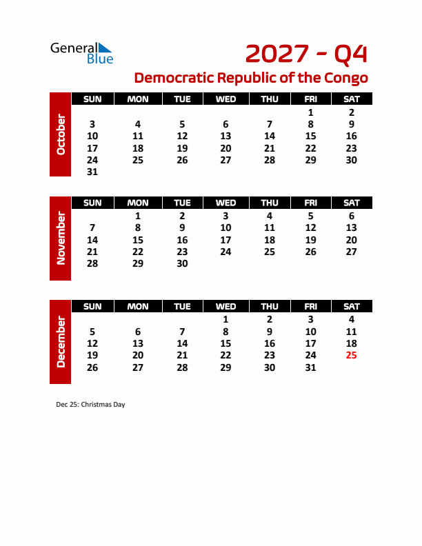Q4 2027 Calendar with Holidays in Democratic Republic of the Congo
