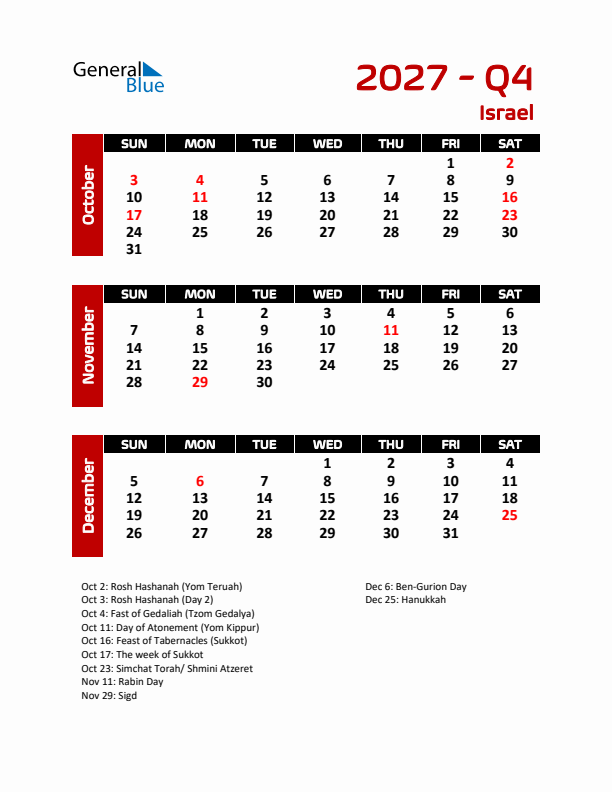 Q4 2027 Calendar with Holidays in Israel
