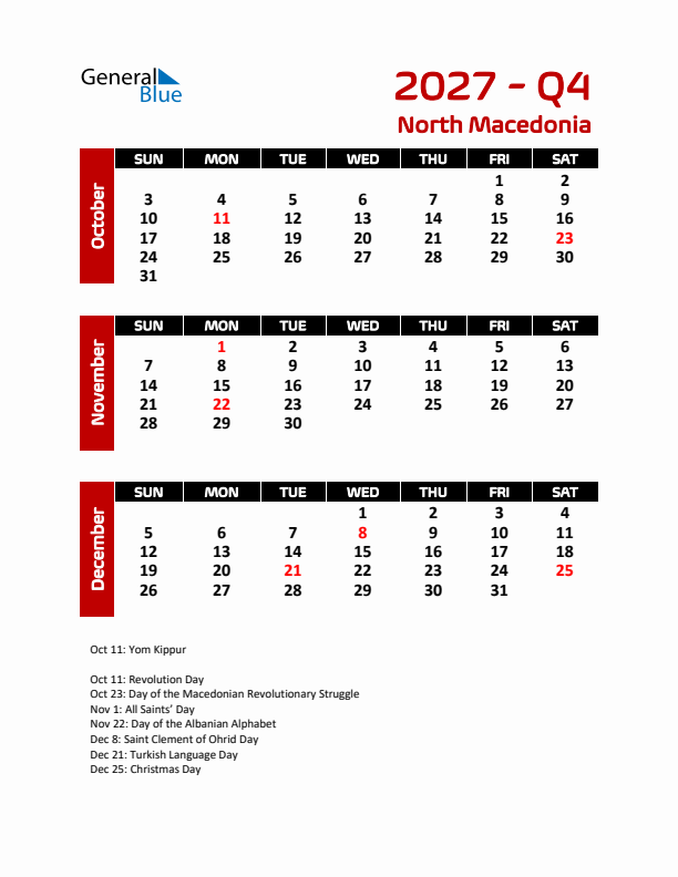 Q4 2027 Calendar with Holidays in North Macedonia