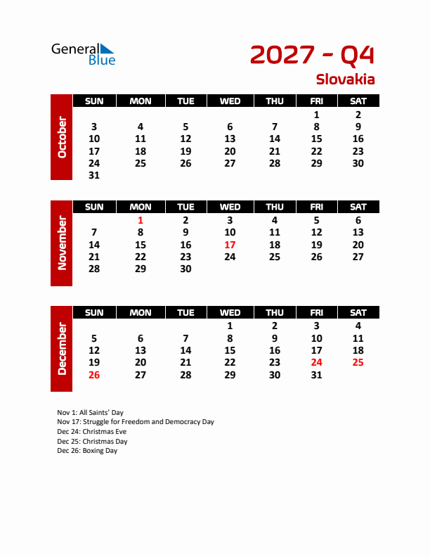 Q4 2027 Calendar with Holidays in Slovakia