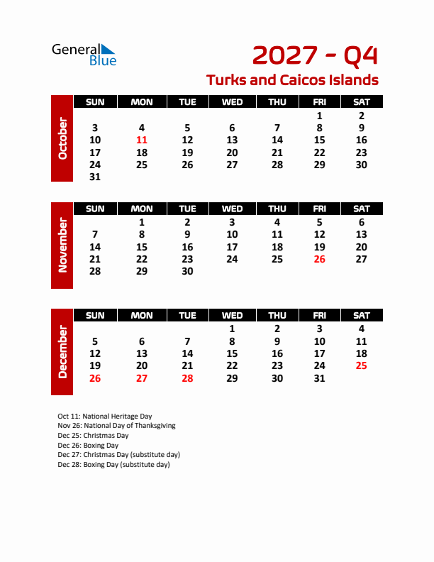 Q4 2027 Calendar with Holidays in Turks and Caicos Islands