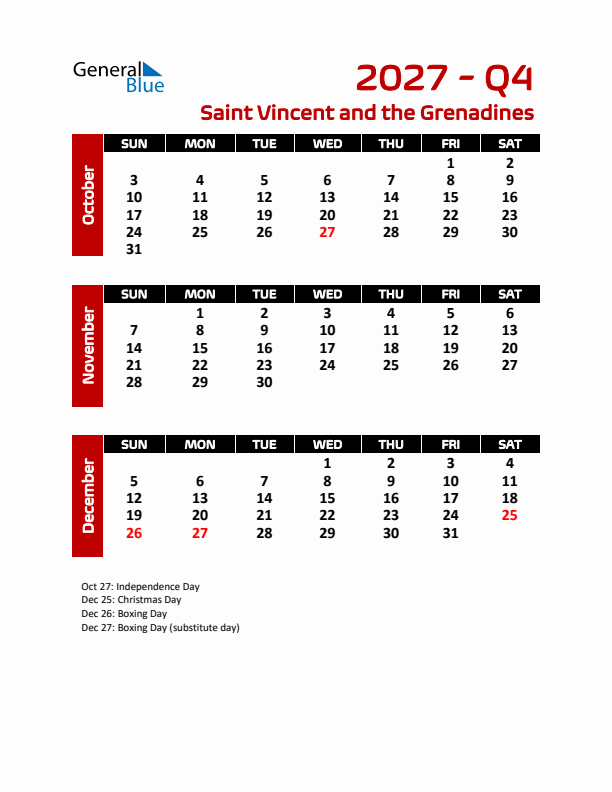 Q4 2027 Calendar with Holidays in Saint Vincent and the Grenadines