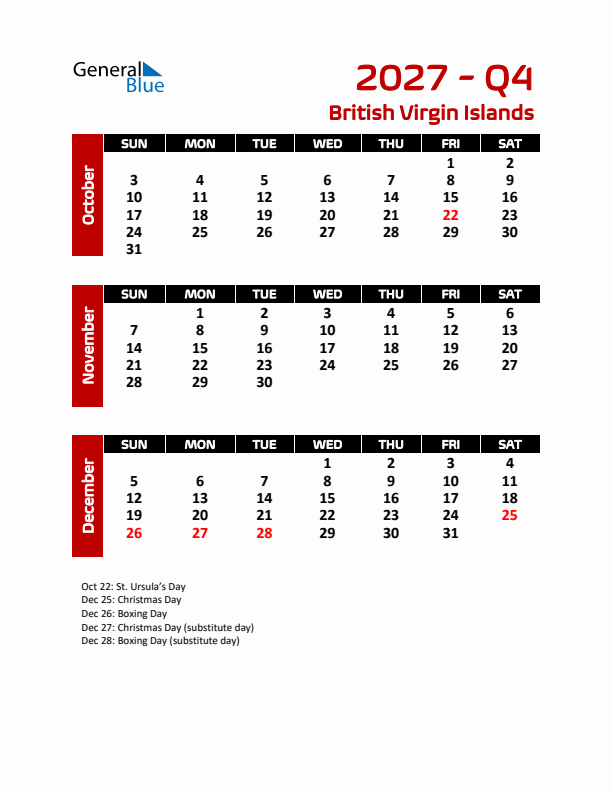 Q4 2027 Calendar with Holidays in British Virgin Islands