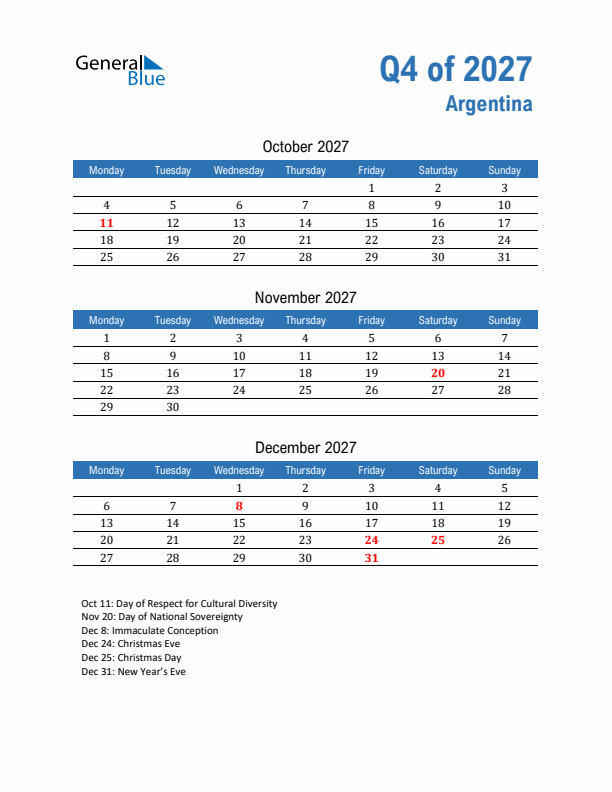 Argentina Q4 2027 Quarterly Calendar with Monday Start