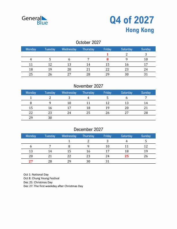 Hong Kong Q4 2027 Quarterly Calendar with Monday Start