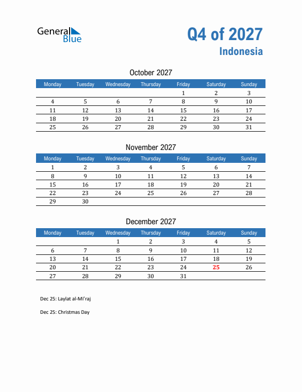 Indonesia Q4 2027 Quarterly Calendar with Monday Start