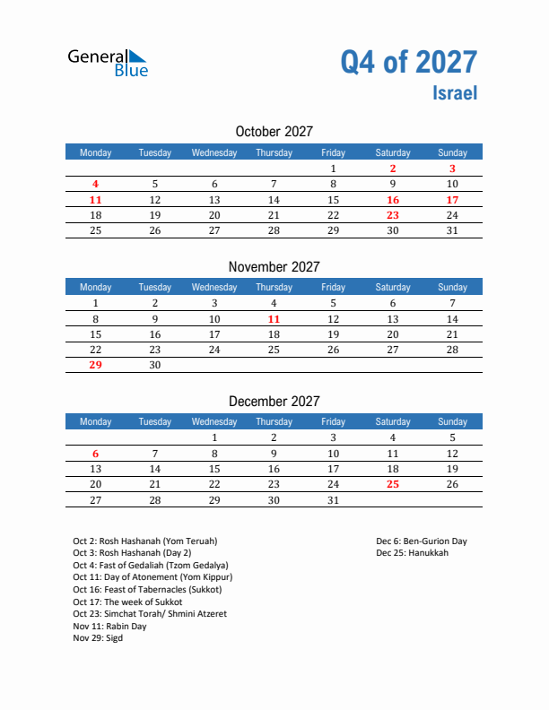 Israel Q4 2027 Quarterly Calendar with Monday Start