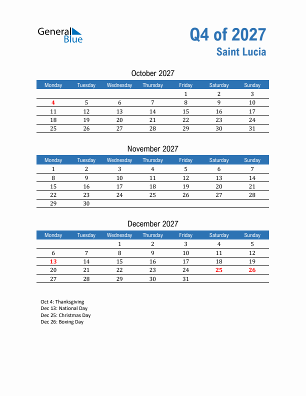 Saint Lucia Q4 2027 Quarterly Calendar with Monday Start