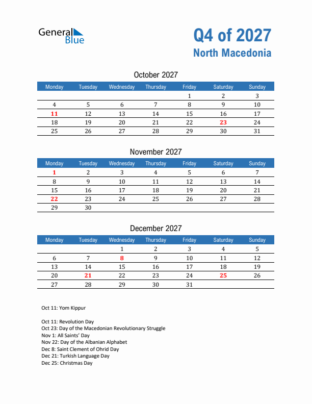 North Macedonia Q4 2027 Quarterly Calendar with Monday Start