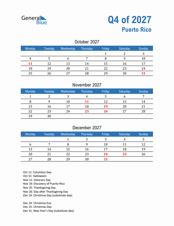 Puerto Rico Q4 2027 Quarterly Calendar with Monday Start