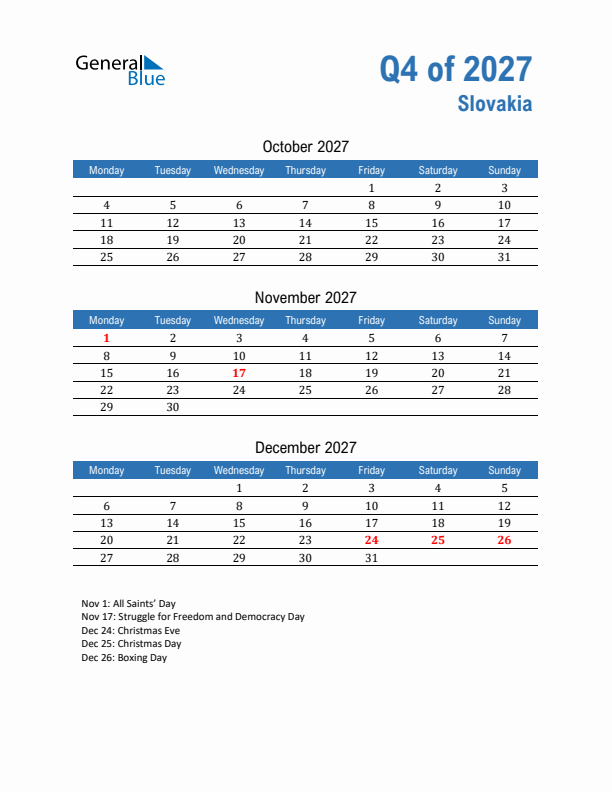 Slovakia Q4 2027 Quarterly Calendar with Monday Start