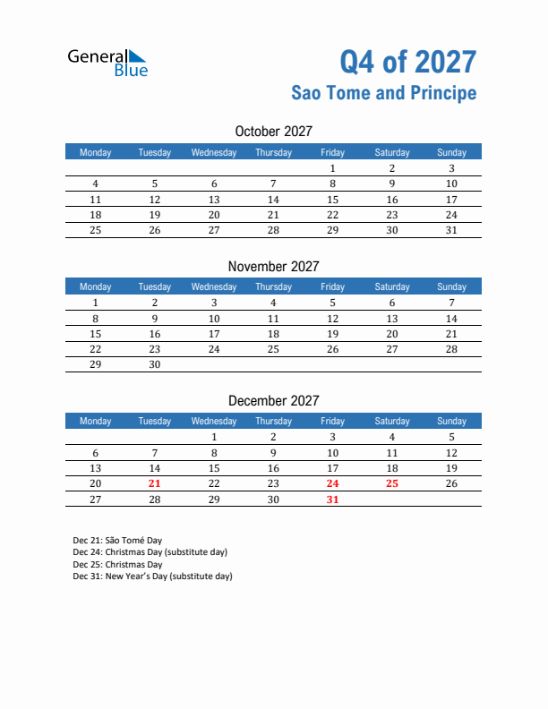 Sao Tome and Principe Q4 2027 Quarterly Calendar with Monday Start