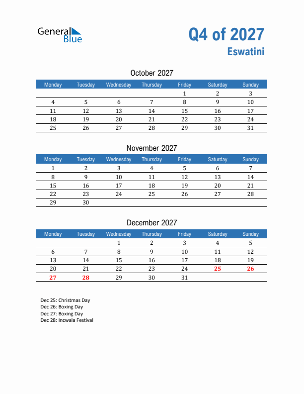 Eswatini Q4 2027 Quarterly Calendar with Monday Start