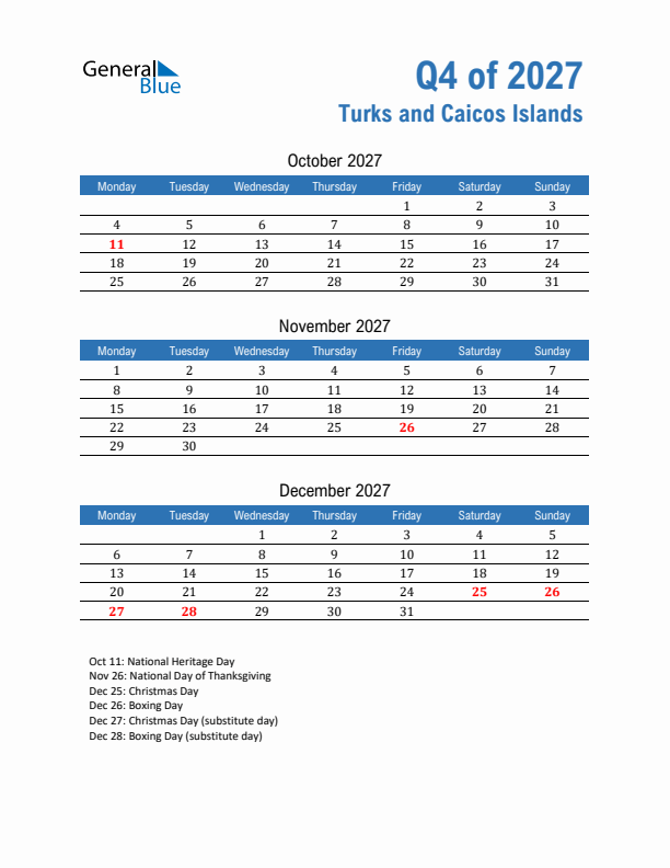 Turks and Caicos Islands Q4 2027 Quarterly Calendar with Monday Start