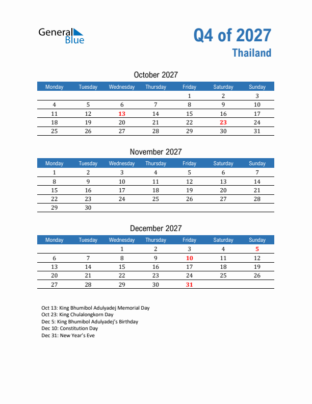 Thailand Q4 2027 Quarterly Calendar with Monday Start