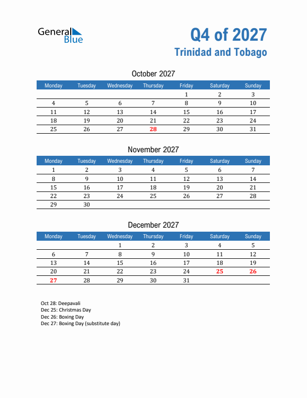 Trinidad and Tobago Q4 2027 Quarterly Calendar with Monday Start