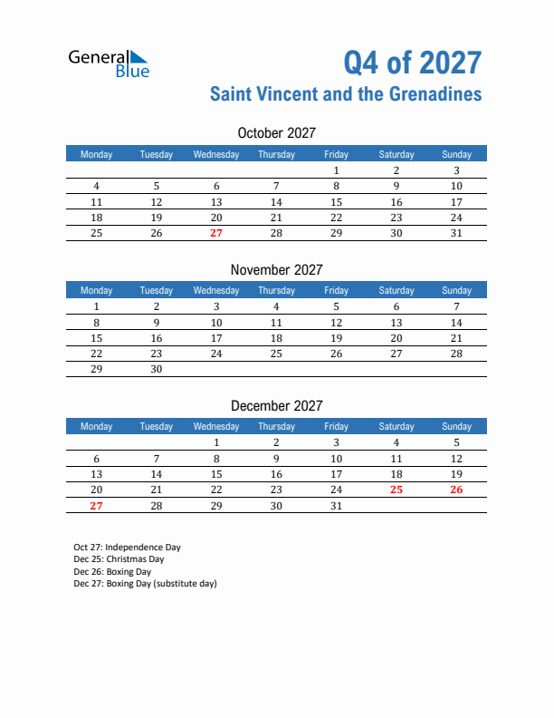 Saint Vincent and the Grenadines Q4 2027 Quarterly Calendar with Monday Start