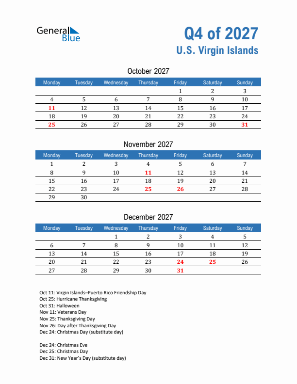 U.S. Virgin Islands Q4 2027 Quarterly Calendar with Monday Start