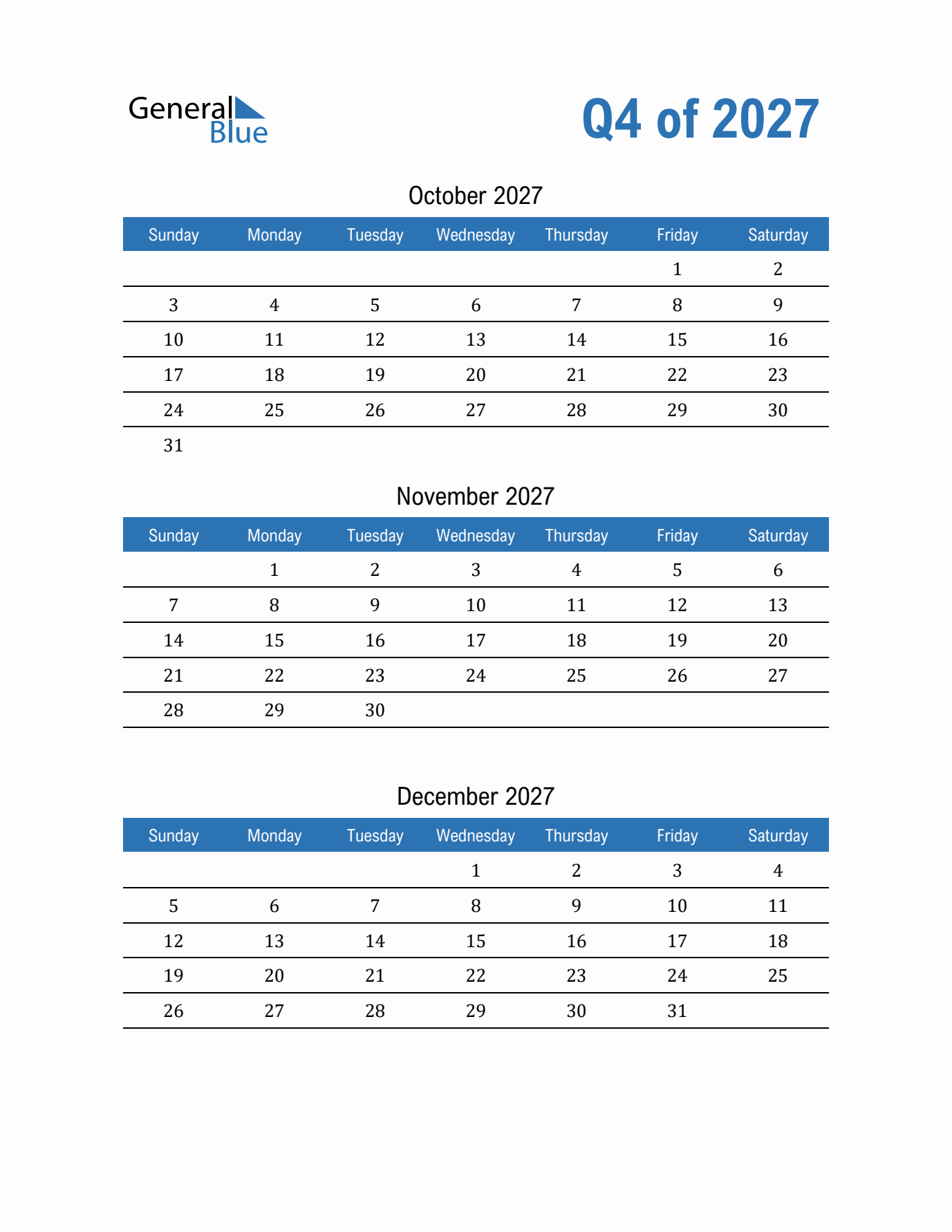 Q4 2027 Quarterly Calendar in PDF, Word, Excel