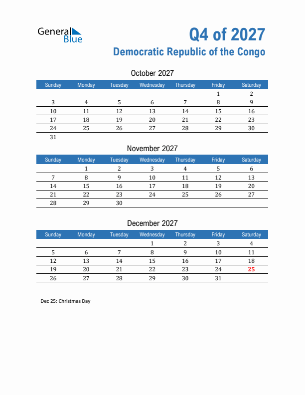 Democratic Republic of the Congo Q4 2027 Quarterly Calendar with Sunday Start