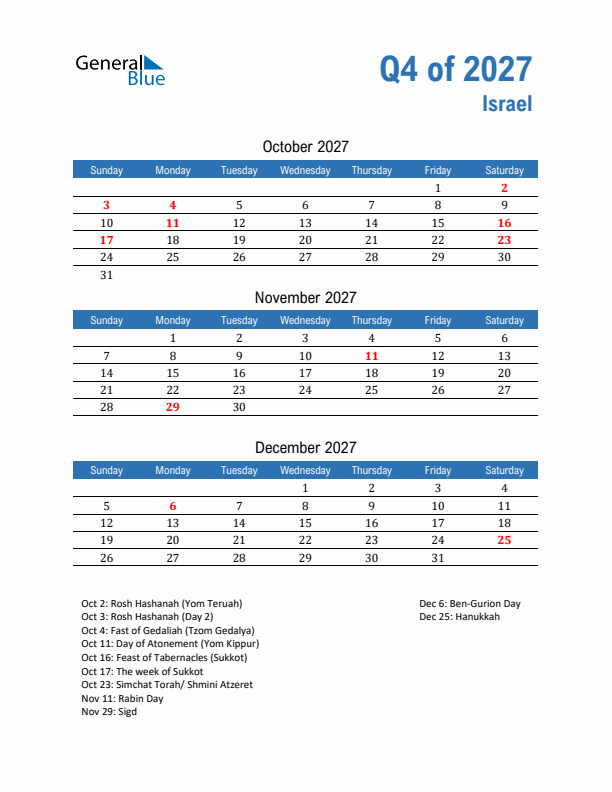 Israel Q4 2027 Quarterly Calendar with Sunday Start