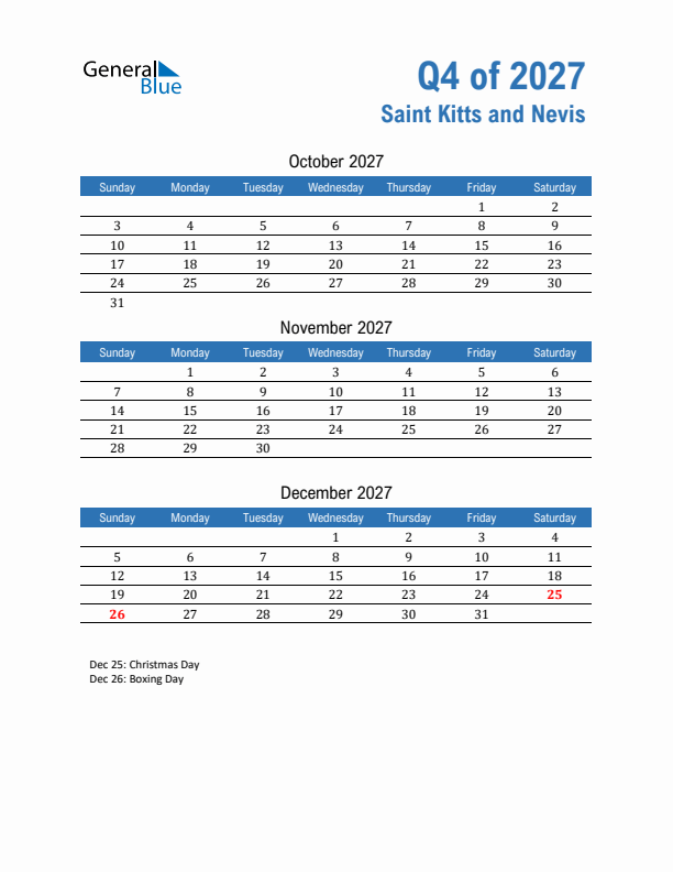 Saint Kitts and Nevis Q4 2027 Quarterly Calendar with Sunday Start